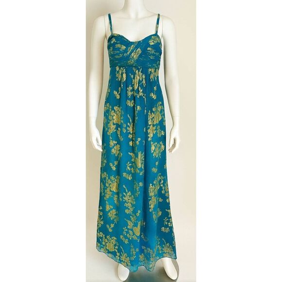Oleg Cassini Dresses & Skirts - Oleg Cassini Womens elegant Small gold teal blue dress Silk long floor length